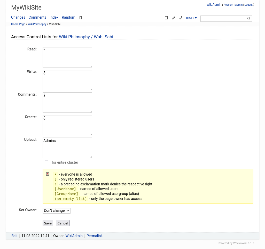 WackoWiki Page Permissions